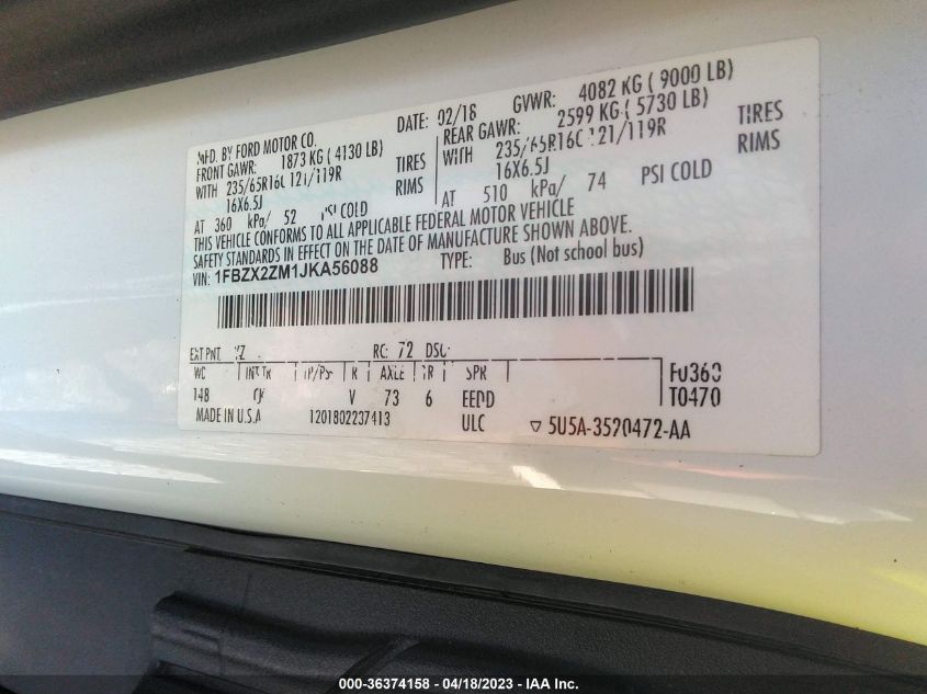 2018 FORD TRANSIT PASSENGER WAGON XL/XLT 1FBZX2ZM1JKA56088