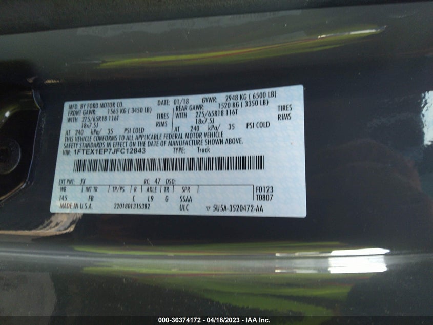 VIN 1FTEX1EP7JFC12843 2018 FORD F-150 XL/XLT/LARIAT