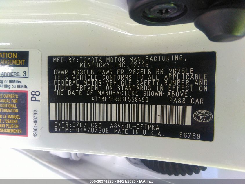 2016 TOYOTA CAMRY XLE/SE/LE/XSE - 4T1BF1FK8GU558490