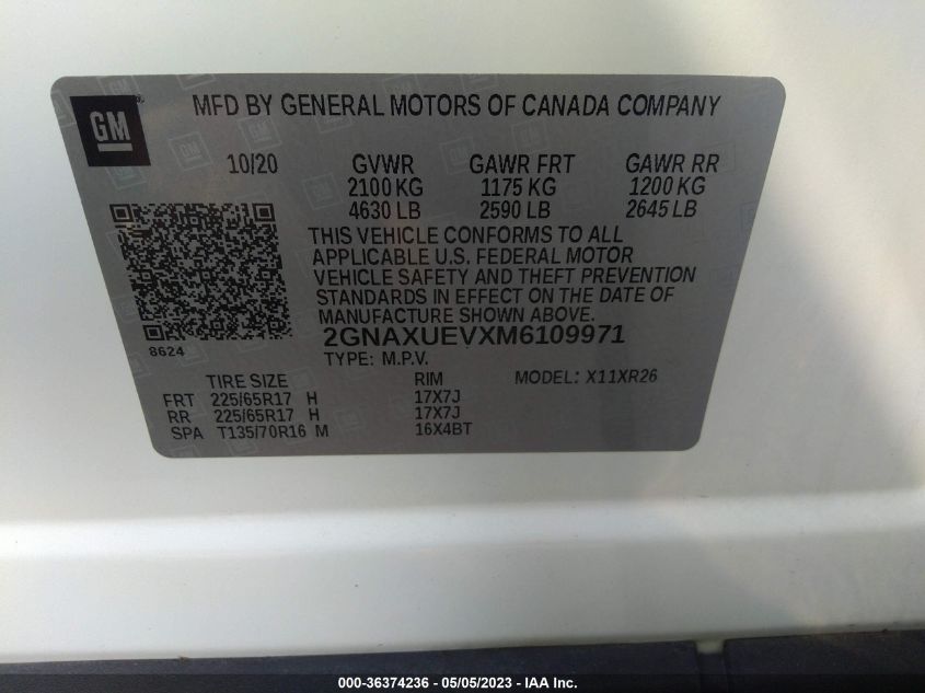 2021 CHEVROLET EQUINOX LT - 2GNAXUEVXM6109971