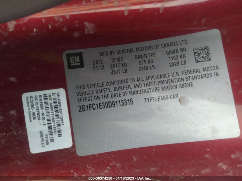2013 CHEVROLET CAMARO LT - 2G1FC1E30D9113316