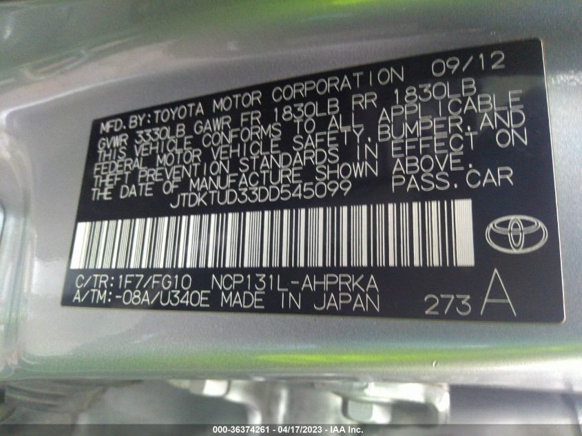 2013 TOYOTA YARIS L/LE/SE - JTDKTUD33DD545099