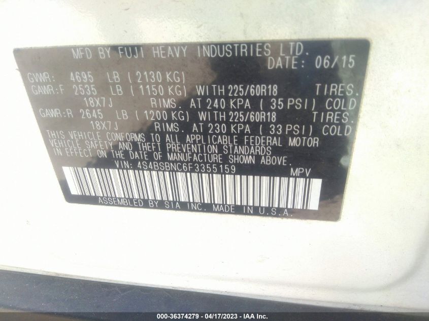 2015 SUBARU OUTBACK 2.5I LIMITED - 4S4BSBNC6F3355159