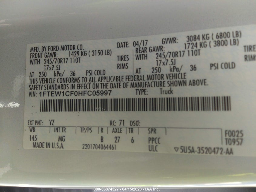VIN 1FTEW1CF0HFC05997 2017 FORD F-150 XL/XLT/LARIAT