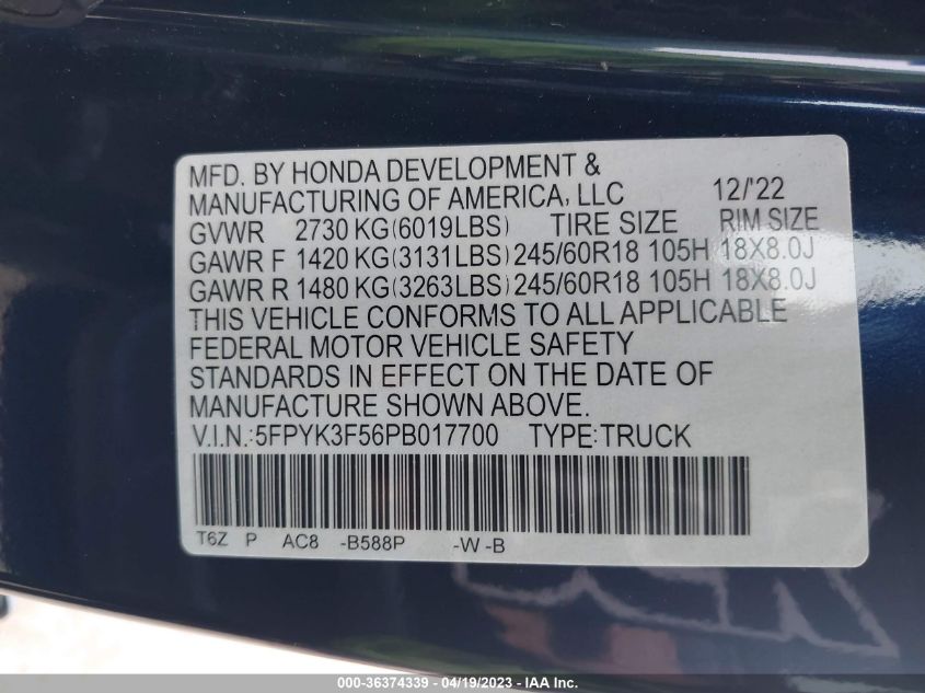 2023 HONDA RIDGELINE RTL - 5FPYK3F56PB017700