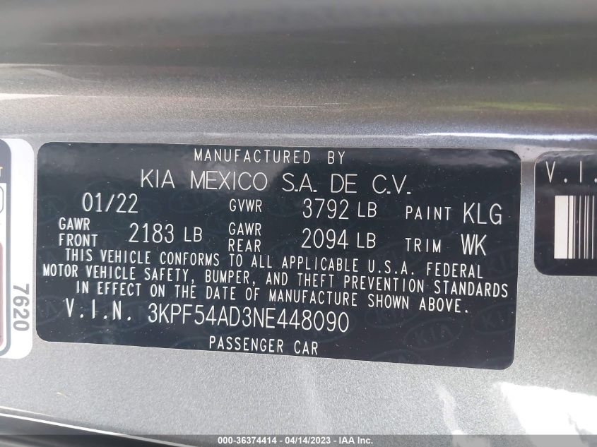 2022 KIA FORTE GT-LINE - 3KPF54AD3NE448090