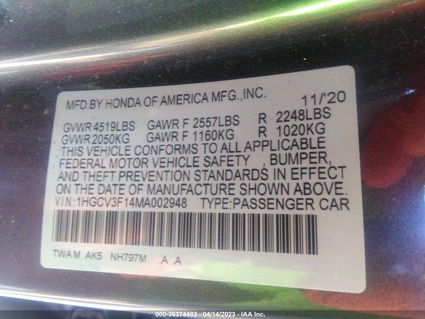 VIN 1HGCV3F14MA002948 2021 HONDA ACCORD HYBRID