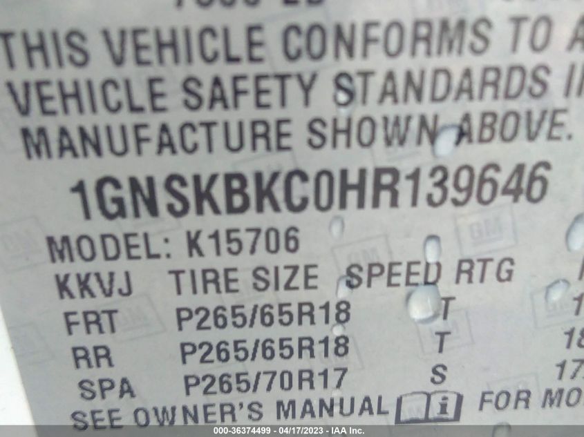 2017 CHEVROLET TAHOE LT - 1GNSKBKC0HR139646