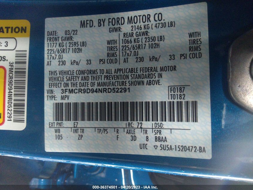 2022 FORD BRONCO SPORT BADLANDS - 3FMCR9D94NRD52291
