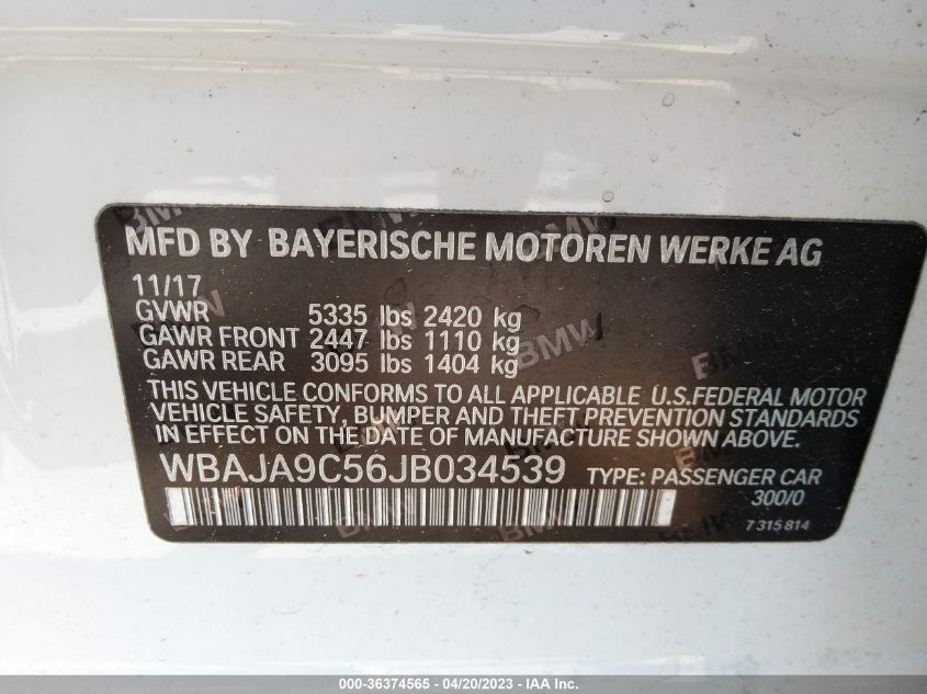 2018 BMW 5 SERIES 530E IPERFORMANCE - WBAJA9C56JB034539