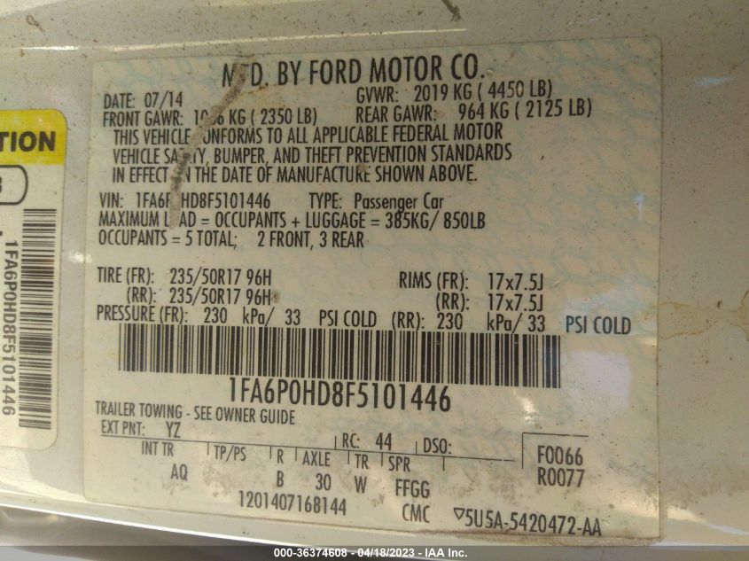 2015 FORD FUSION SE - 1FA6P0HD8F5101446