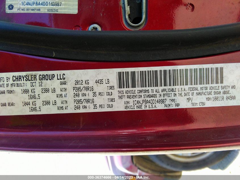 2013 JEEP PATRIOT SPORT - 1C4NJPBA4DD140987
