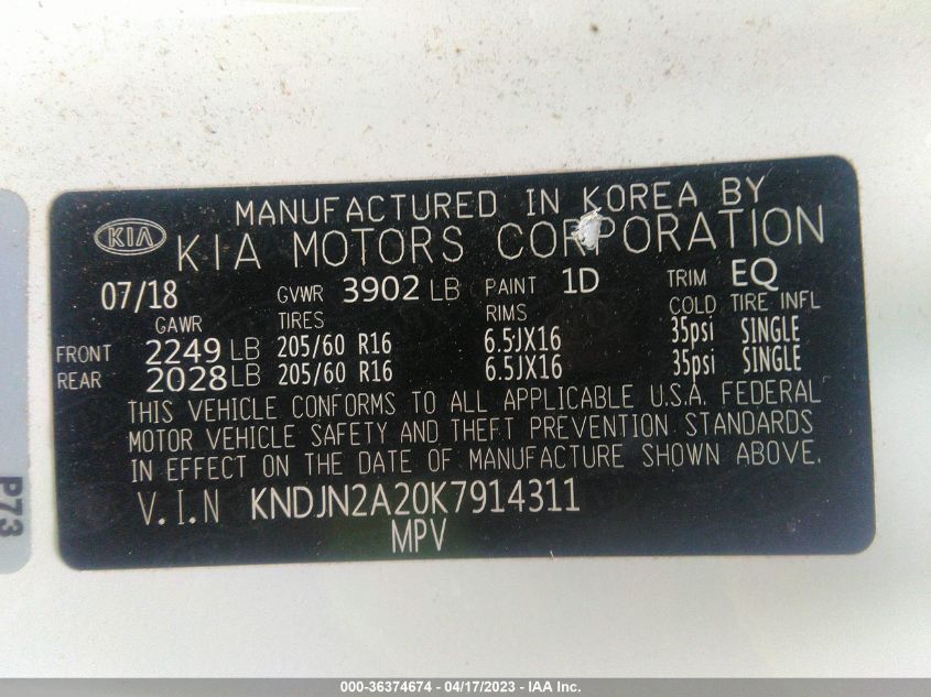 2019 KIA SOUL BASE - KNDJN2A20K7914311
