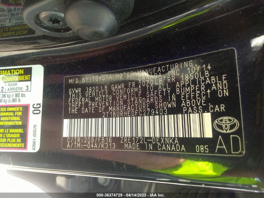2015 TOYOTA COROLLA L/LE/S/S PLUS/LE PLUS - 2T1BURHE0FC279403