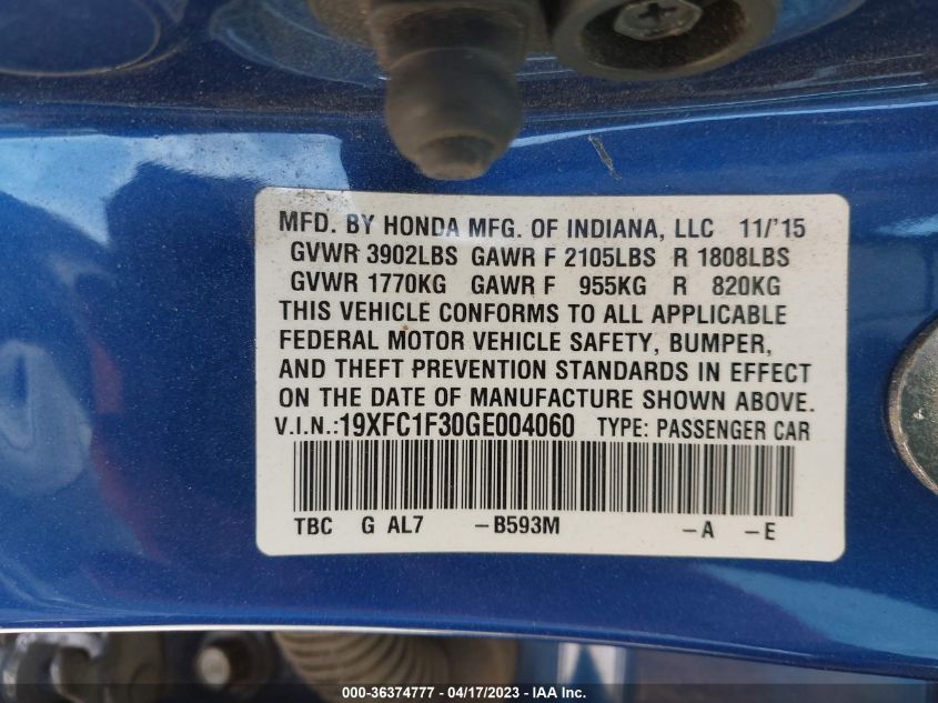 2016 HONDA CIVIC SEDAN EX-T - 19XFC1F30GE004060