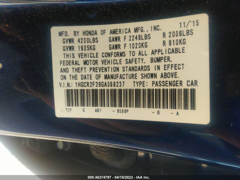 2016 HONDA ACCORD SEDAN LX - 1HGCR2F39GA068237