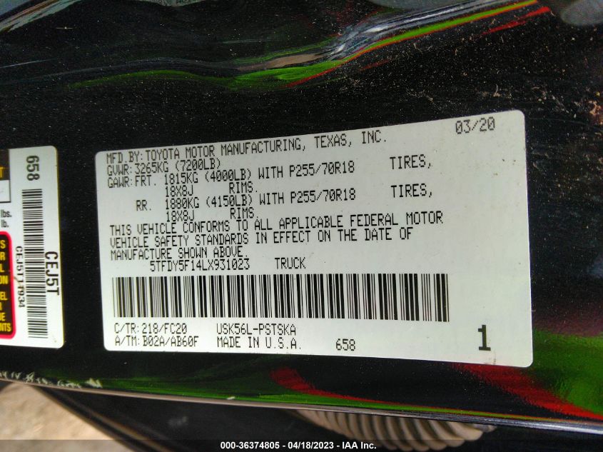 2020 TOYOTA TUNDRA 4WD SR5/TRD PRO - 5TFDY5F14LX931023