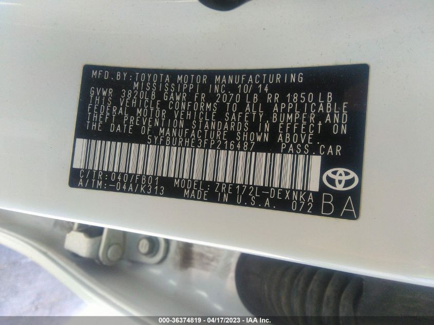 2015 TOYOTA COROLLA L/LE/S/S PLUS/LE PLUS - 5YFBURHE3FP216487