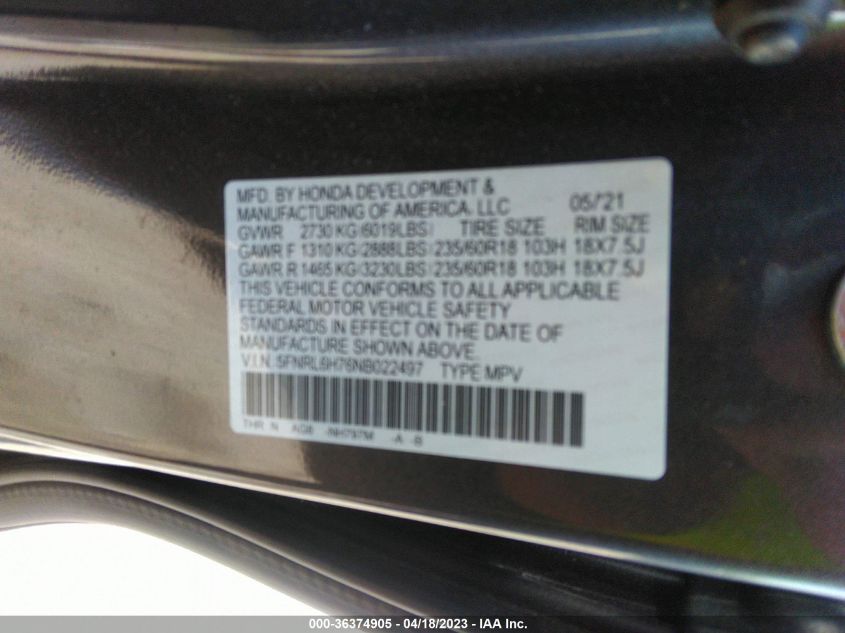 2022 HONDA ODYSSEY EX-L - 5FNRL6H76NB022497