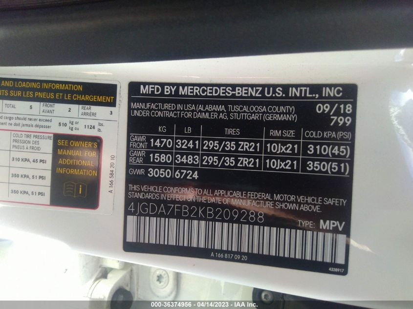 2019 MERCEDES-BENZ GLE AMG GLE 63 S - 4JGDA7FB2KB209288