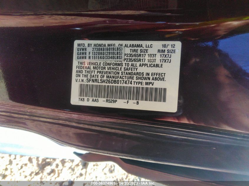 VIN 5FNRL5H26DB017474 2013 HONDA ODYSSEY no.9