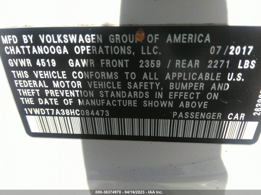 VIN 1VWDT7A38HC084473 2017 VOLKSWAGEN PASSAT R-LINE W/COMFORT PKG