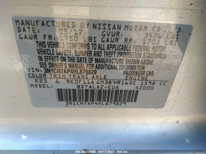 2017 NISSAN VERSA SEDAN S PLUS - 3N1CN7AP4HL879829