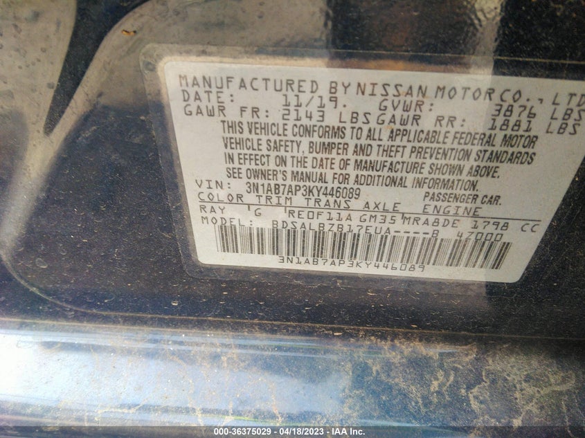 VIN 3N1AB7AP3KY446089 2019 NISSAN SENTRA S