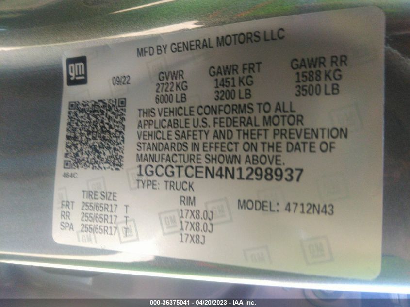 2022 CHEVROLET COLORADO 4WD LT - 1GCGTCEN4N1298937
