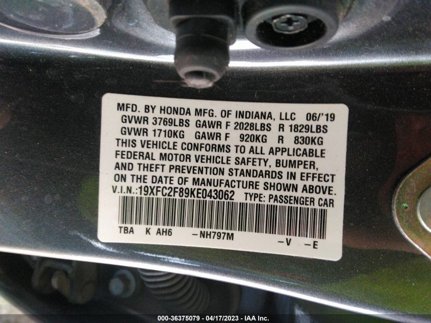 2019 HONDA CIVIC SEDAN SPORT - 19XFC2F89KE043062