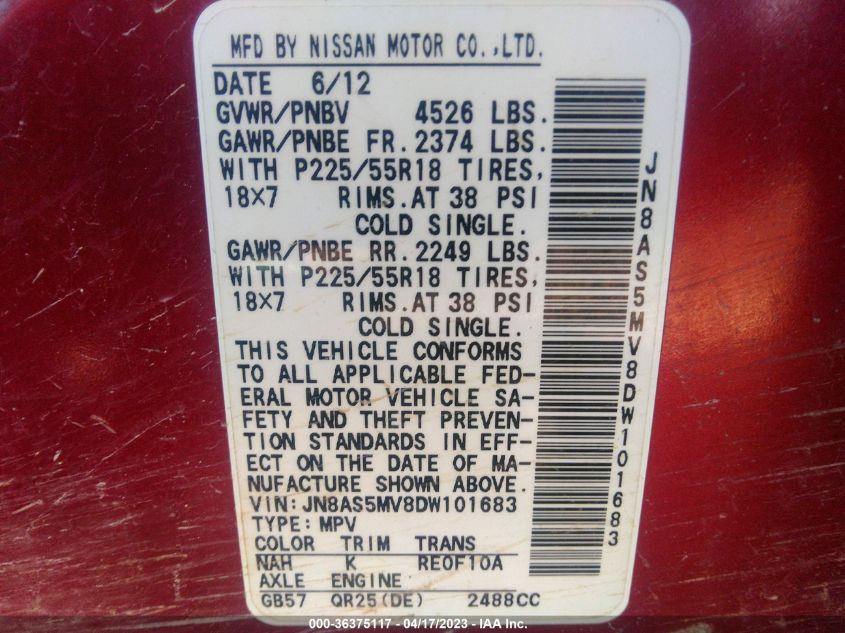 2013 NISSAN ROGUE SL - JN8AS5MV8DW101683