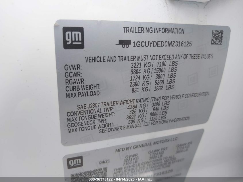 2021 CHEVROLET SILVERADO 1500 LT - 1GCUYDED0MZ316125