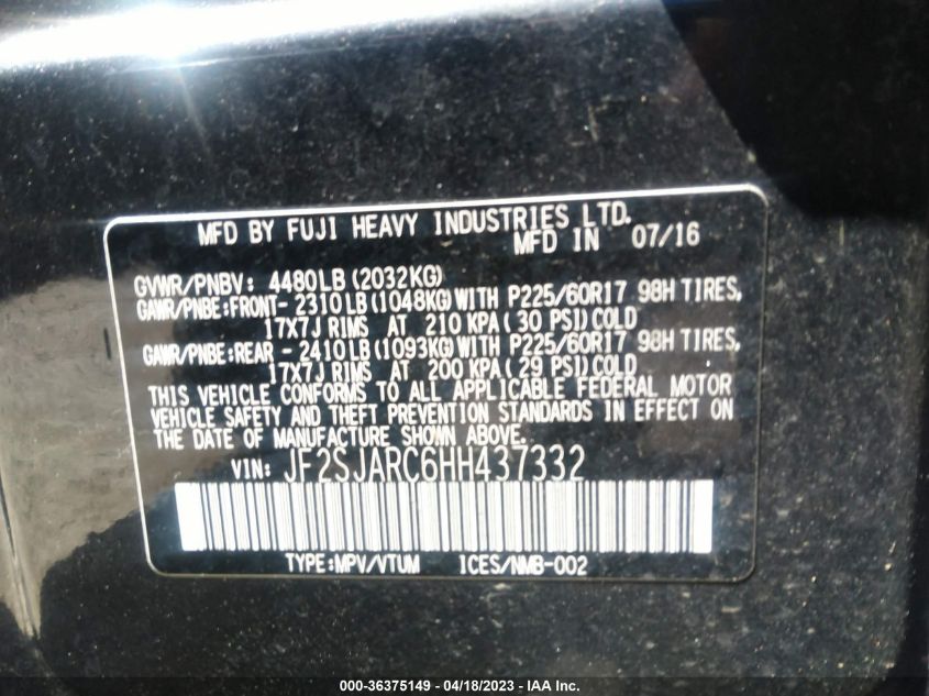 2017 SUBARU FORESTER LIMITED - JF2SJARC6HH437332