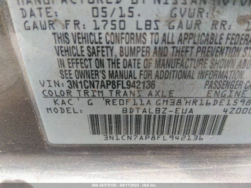 2015 NISSAN VERSA SV - 3N1CN7AP8FL942136