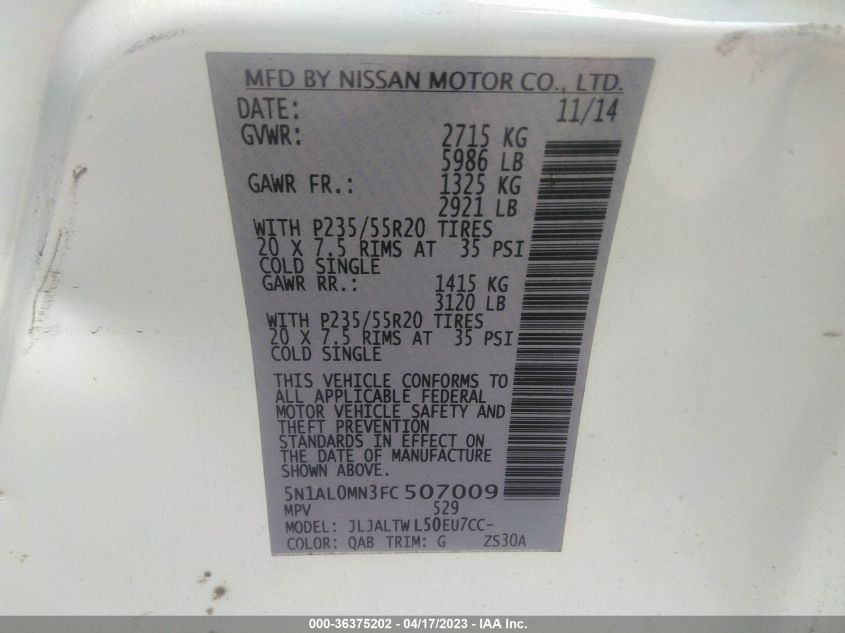 2015 INFINITI QX60 - 5N1AL0MN3FC507009