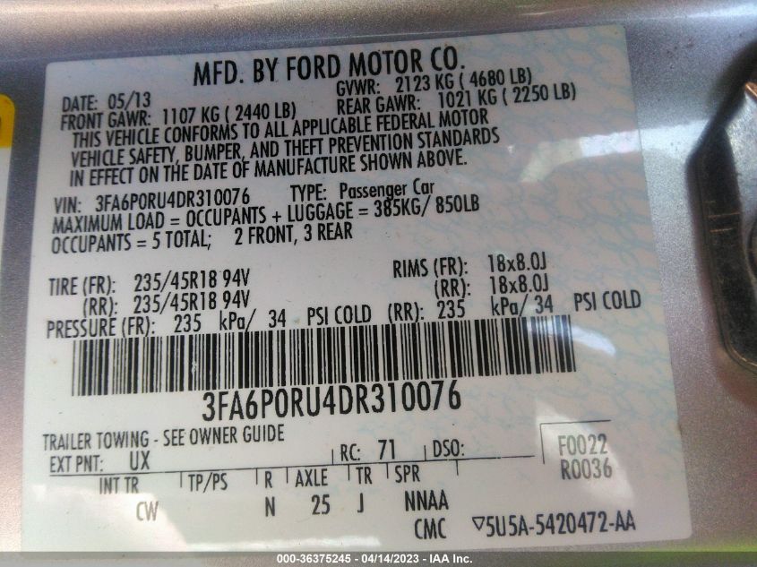 2013 FORD FUSION TITANIUM HYBRID - 3FA6P0RU4DR310076