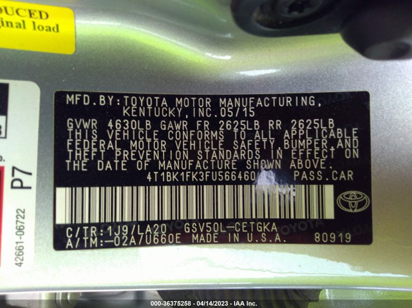 2015 TOYOTA CAMRY XSE/XLE - 4T1BK1FK3FU566460