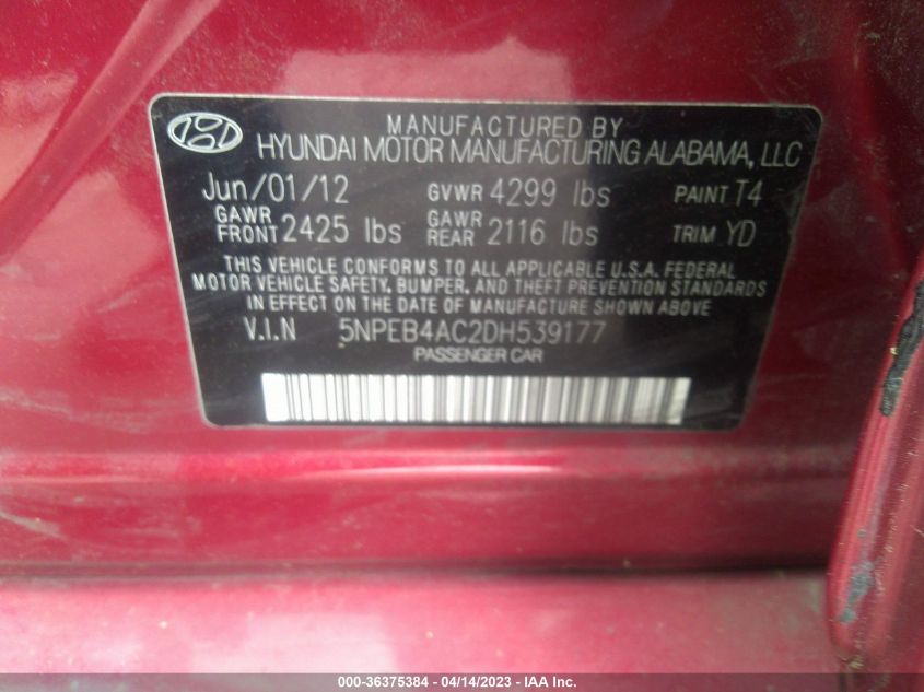 2013 HYUNDAI SONATA GLS PZEV - 5NPEB4AC2DH539177