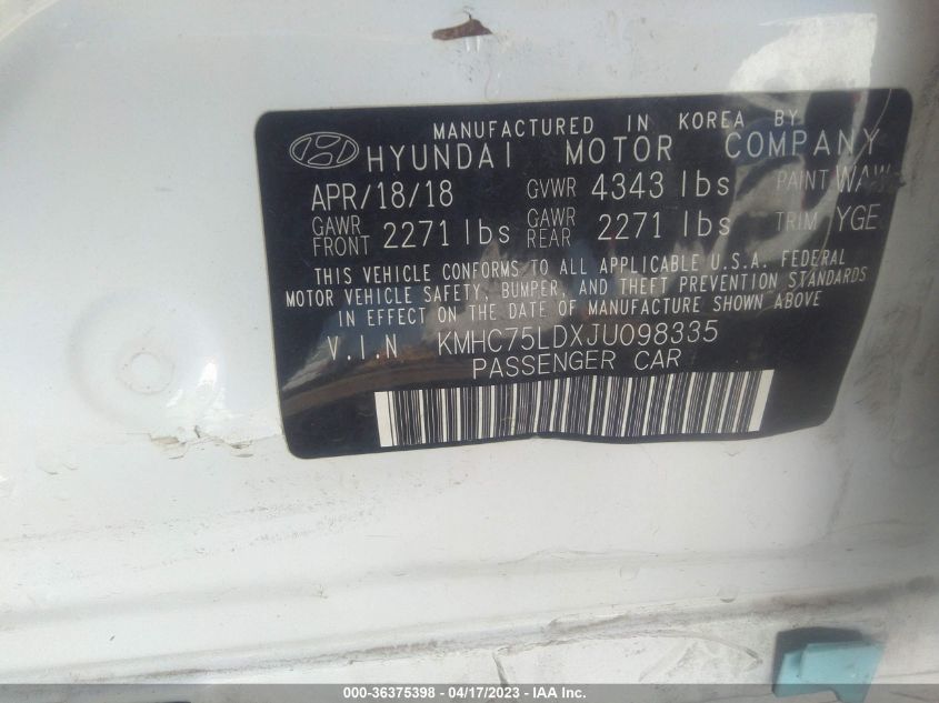 2018 HYUNDAI IONIQ PLUG-IN HYBRID LIMITED KMHC75LDXJU098335