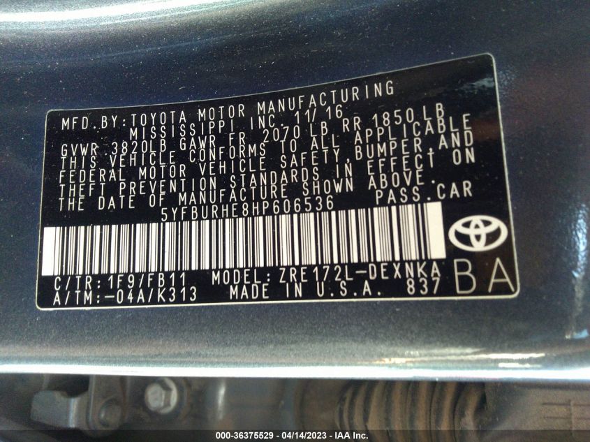 2017 TOYOTA COROLLA L/LE/XLE/SE - 5YFBURHE8HP606536