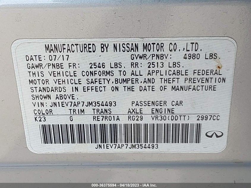 VIN JN1EV7AP7JM354493 2018 INFINITI Q50 3.0T LUXE