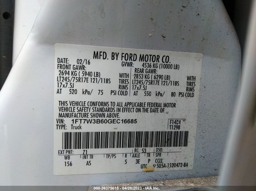 2016 FORD SUPER DUTY F-350 SRW 1FT7W3B60GEC16685