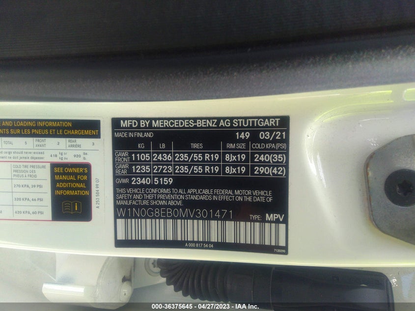 VIN W1N0G8EB0MV301471 2021 MERCEDES-BENZ GLC GLC 300