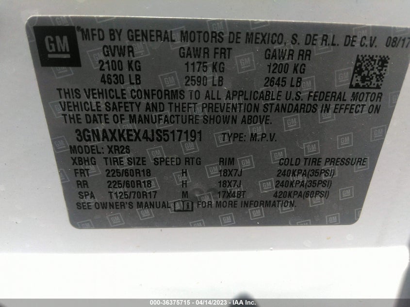 VIN 3GNAXKEX4JS517191 2018 CHEVROLET EQUINOX LT