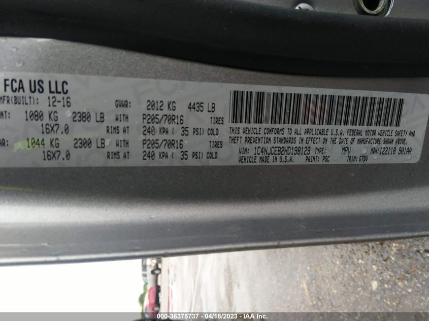 VIN 1C4NJCEB2HD198129 2017 JEEP COMPASS LATITUDE
