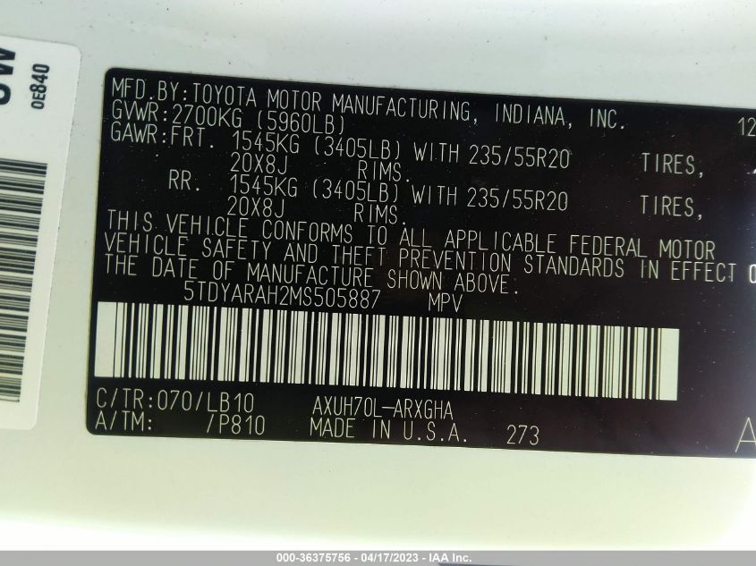 2021 TOYOTA HIGHLANDER HYBRID - 5TDYARAH2MS505887