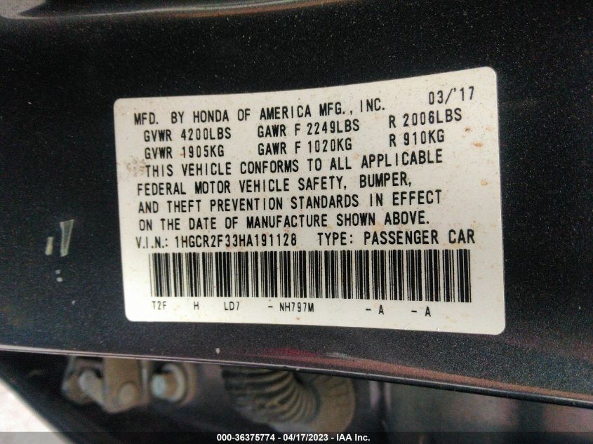 2017 HONDA ACCORD SEDAN LX - 1HGCR2F33HA191128