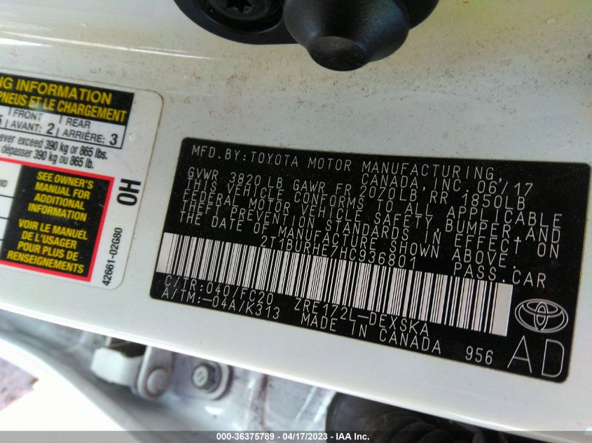 2017 TOYOTA COROLLA L/LE/XLE/SE - 2T1BURHE7HC936801