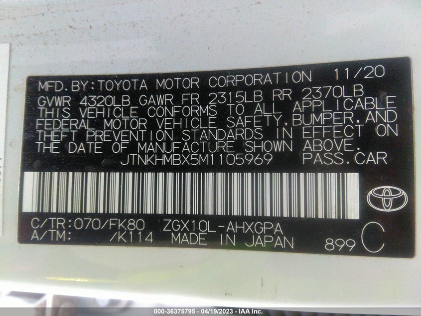 VIN JTNKHMBX5M1105969 2021 TOYOTA C-HR LE/XLE/LIMITED/NIGHTSHADE