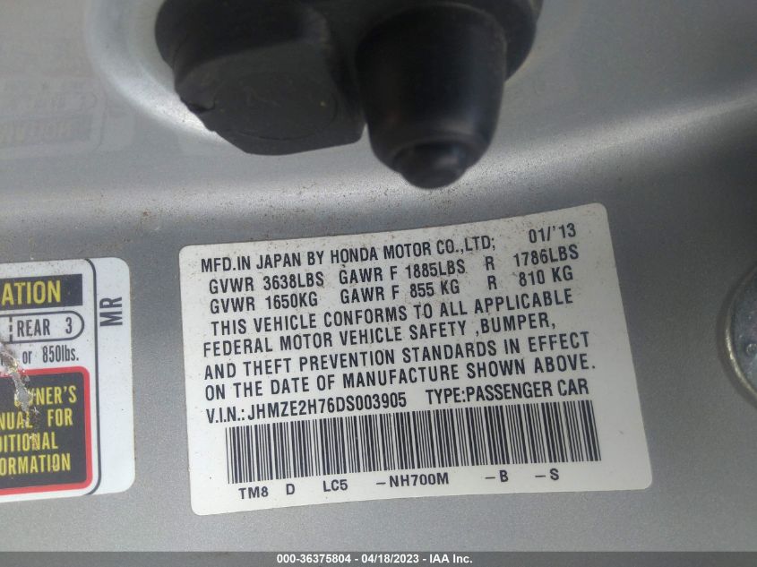 2013 HONDA INSIGHT EX JHMZE2H76DS003905